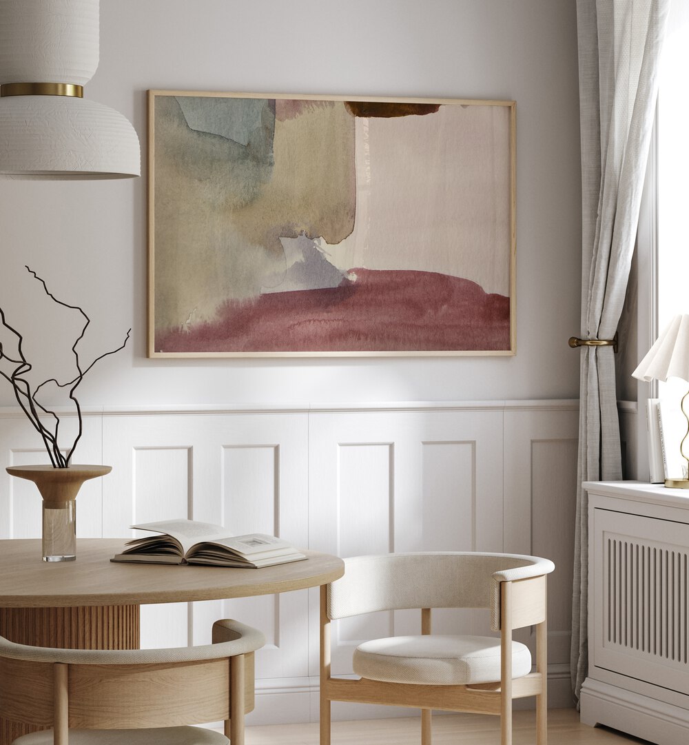 WASHES OF EARTHY TONES, ABSTRACT PAINTINGS elegantly enhance a modern living space with soothing colors and textures.
