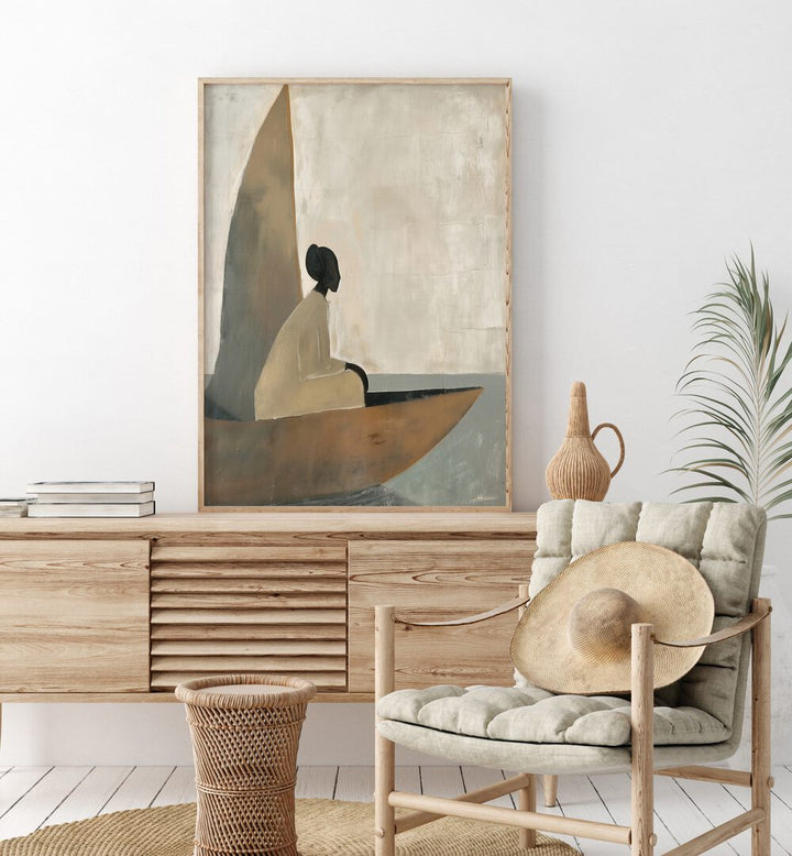 Elegant WOMAN ON BOAT, PORTRAITS artwork, showcasing serenity and beauty in a minimalist style for any decor.
