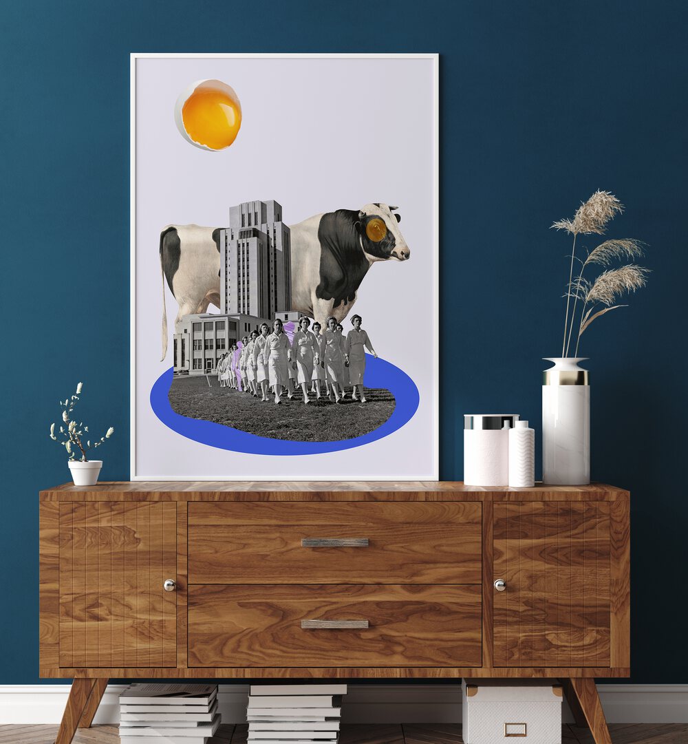 Whimsical COW IN THE CITY, SURREAL ART PRINTS blend urban charm and rustic nostalgia for unique decor.