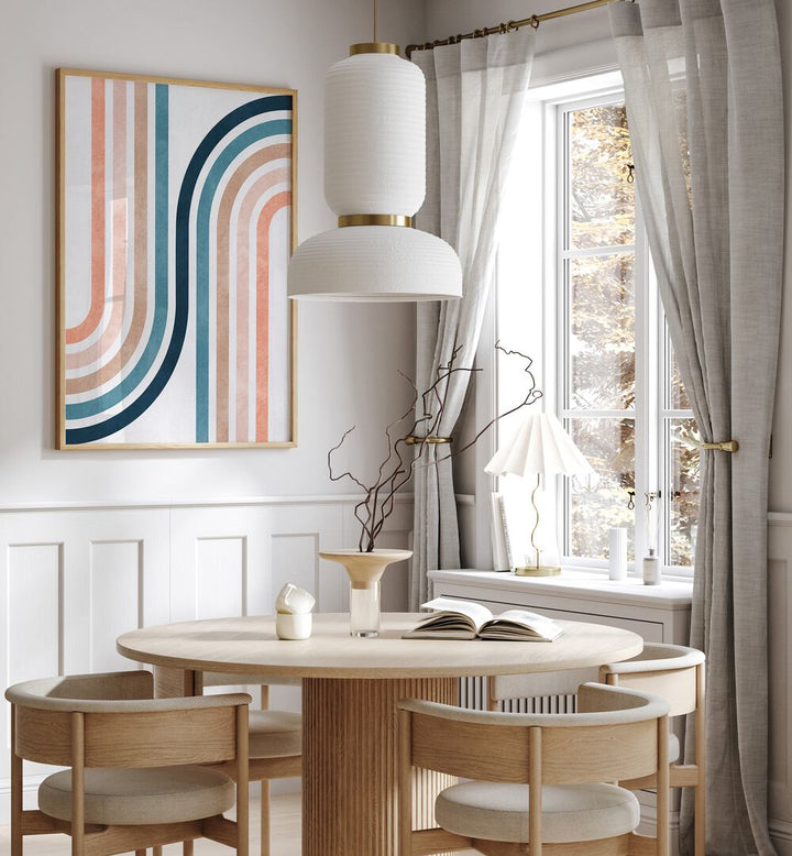 Modern interior featuring LINES AND ARCS, GEOMETRIC ART PRINTS above a stylish dining table, enhancing artistic ambiance.