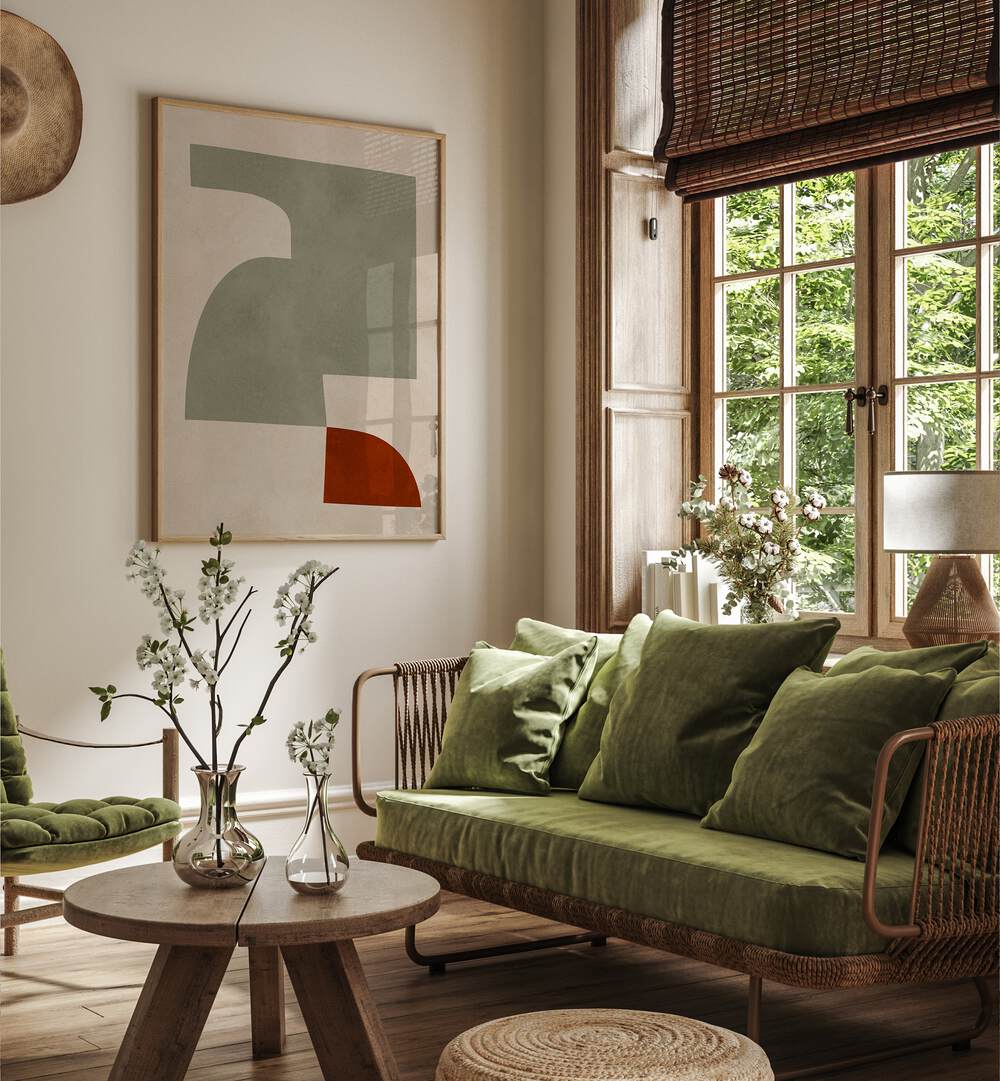 Stylish living room featuring EXPRESSIVE FORMS III, GEOMETRIC ART PRINTS, enhancing creativity and artistic expression.