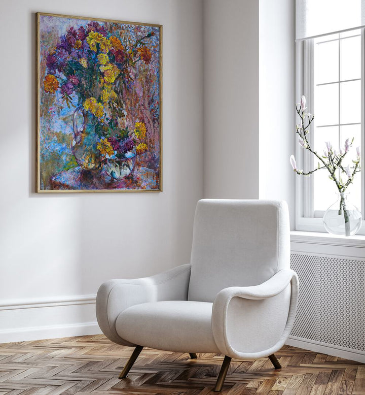 Colorful chrysanthemums against rain, showcased in floral flower paintings to enhance your home decor.