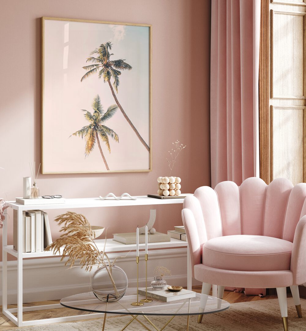 Stylish interior featuring TROPICAL PALMS, FLORAL FLOWER PAINTINGS, enhancing home decor with tropical vibes.