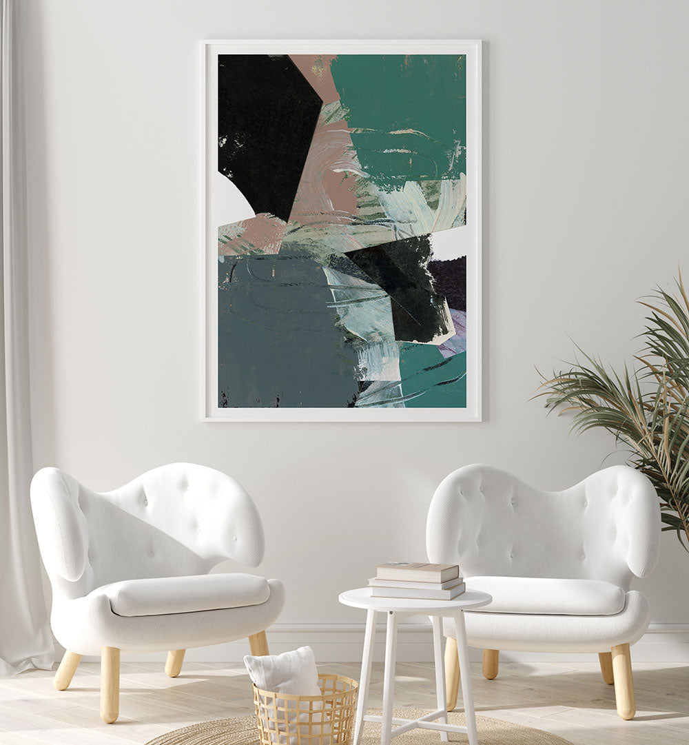 Stylish interior featuring BLUE BLACK NEUTRAL III, ABSTRACT PAINTINGS, enhancing contemporary decor with rich colors.
