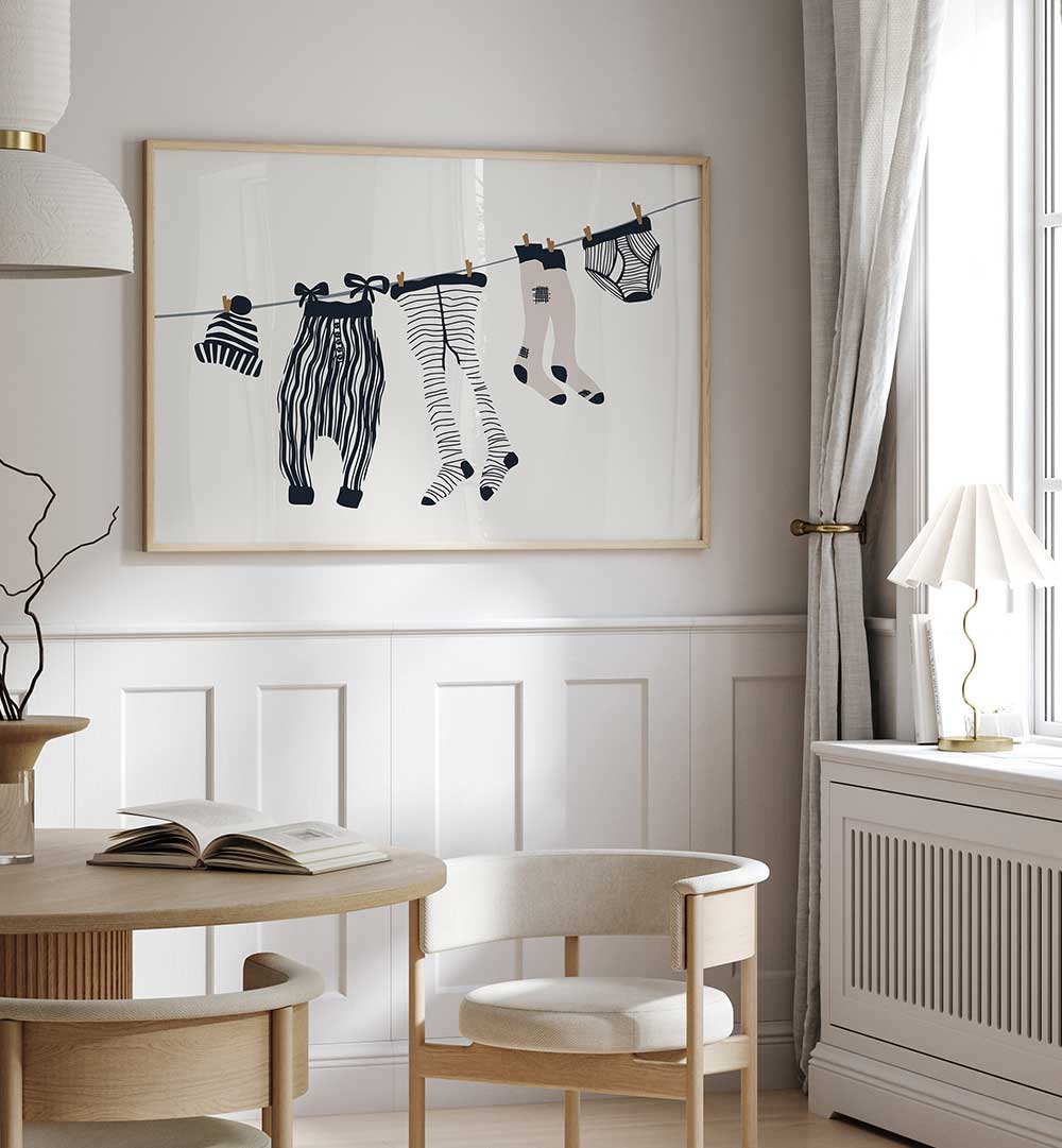 Brighten your space with LAUNDRY ROOM, KIDS ROOM PAINTINGS showcasing playful clothing on a clothesline for inspiration.