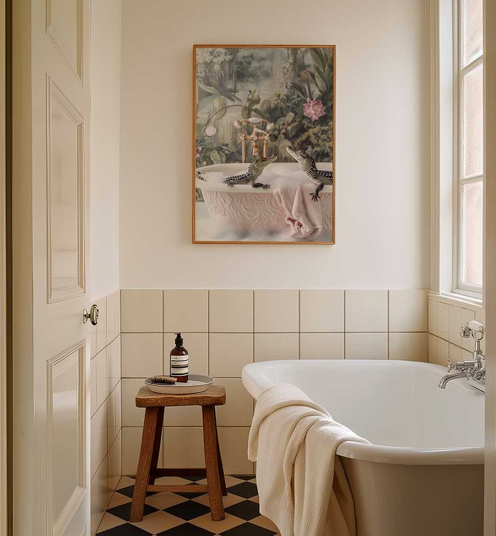 CROCODILE BUBBLE BATH , BATHROOM ART PRINTS