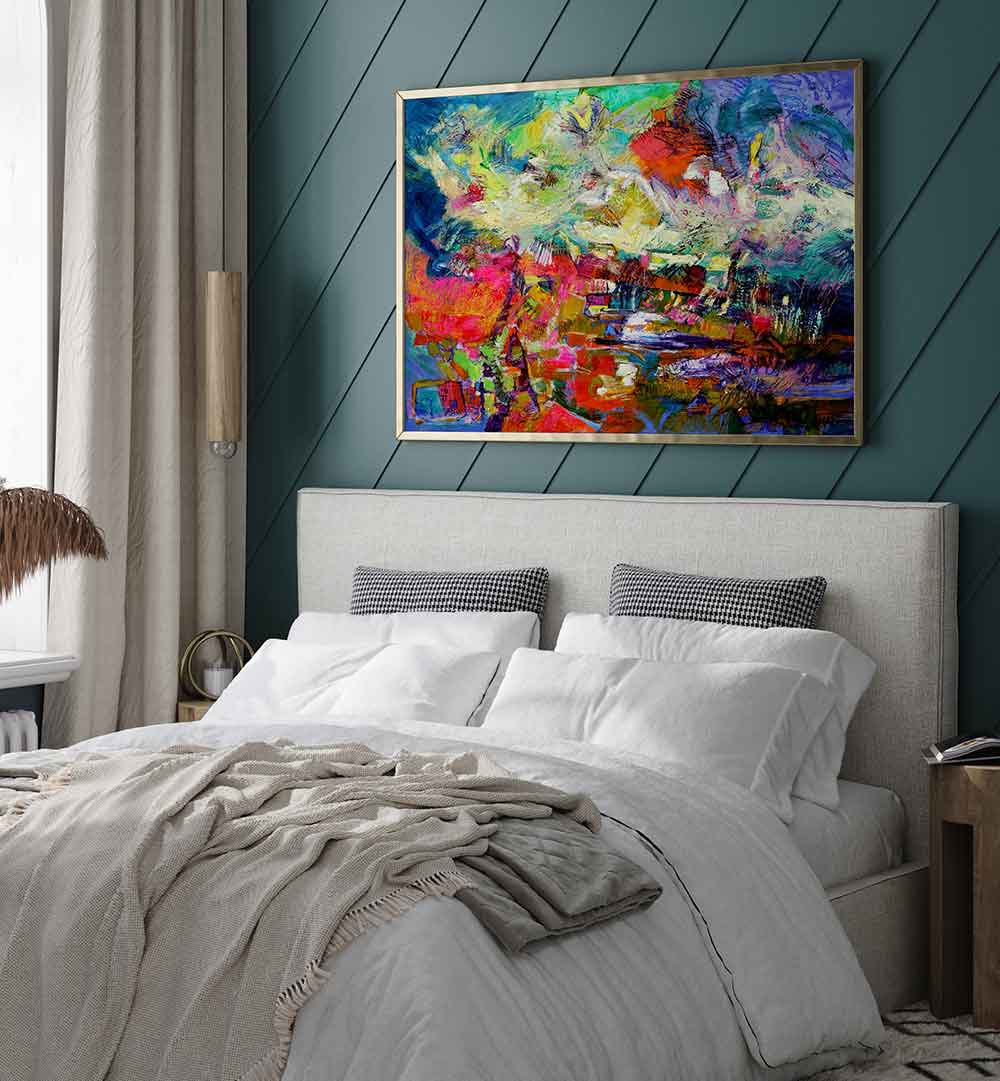 EXPRESSIONIST , ABSTRACT PAINTINGS vibrant canvas above bed in bedroom, bold colors and textured brushwork