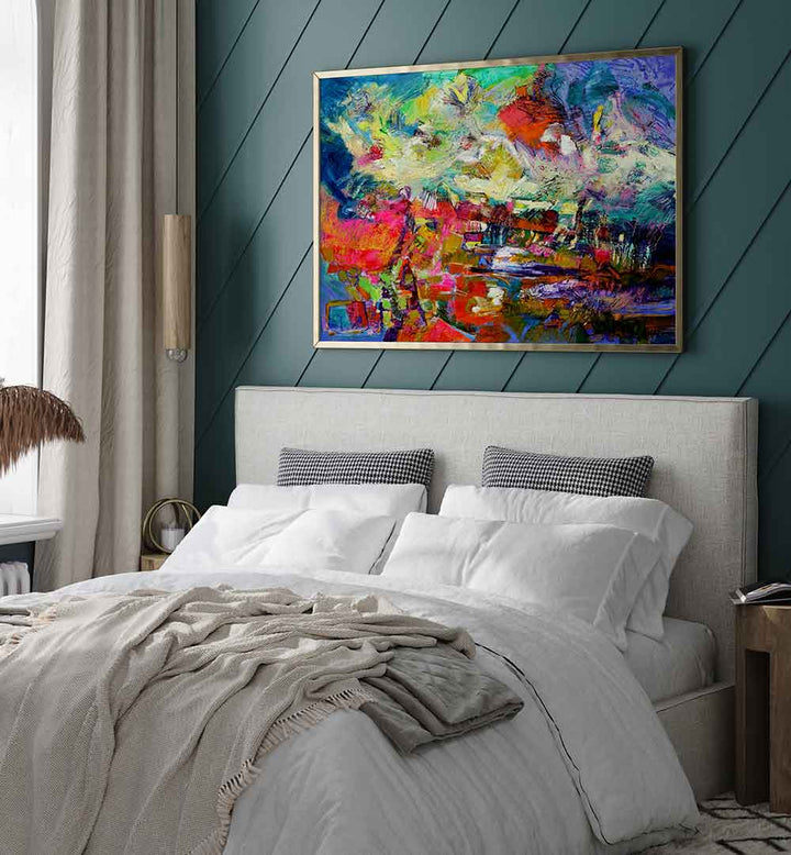 EXPRESSIONIST , ABSTRACT PAINTINGS vibrant canvas above bed in bedroom, bold colors and textured brushwork