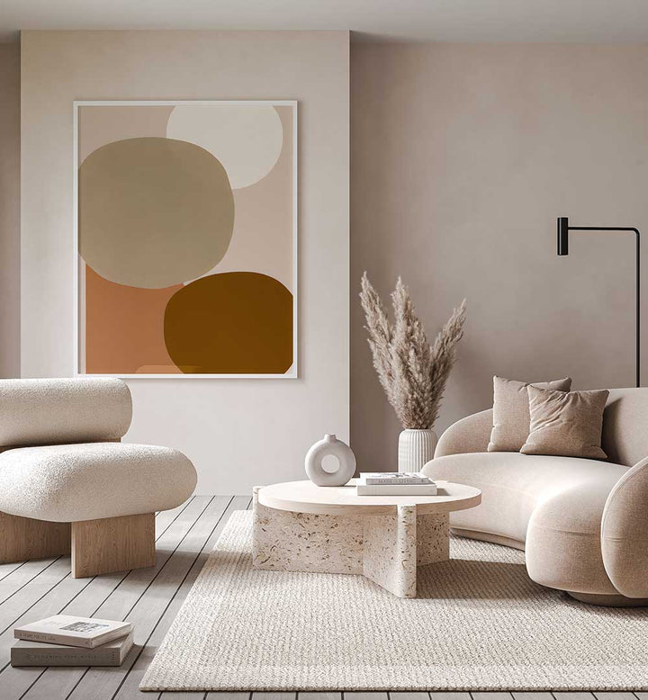 EARTHY MINIMALIST , GEOMETRIC ART PRINTS enhance a cozy neutral living room with abstract shapes and warm tones.