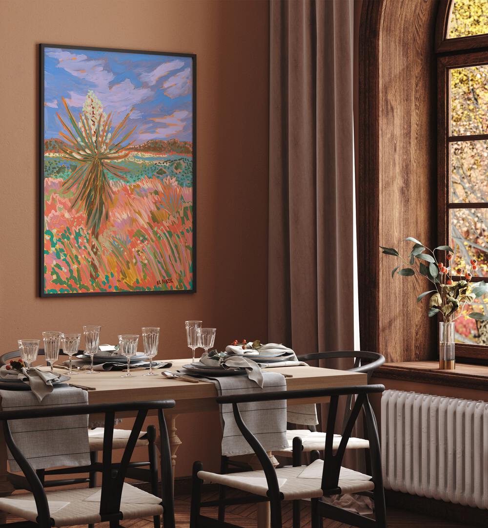 Brightly colored DAVIS MOUNTAIN NATIONAL PARK, LANDSCAPE PAINTINGS adorn a dining room, showcasing Eleanor Baker's artistry.