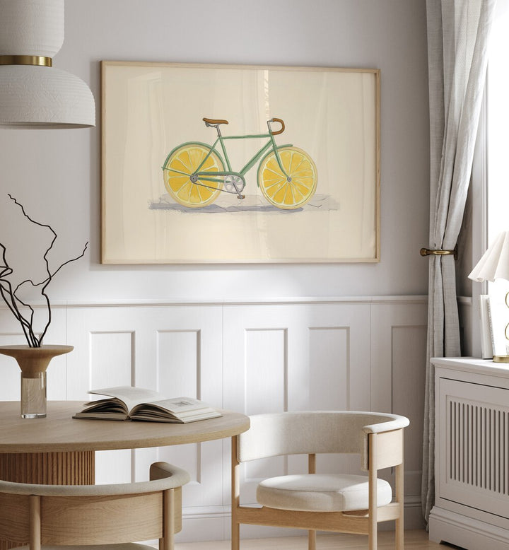 Vibrant BICYCLE WITH LEMON WHEELS, KITCHEN POSTERS brightening your space with a splash of color and creativity.