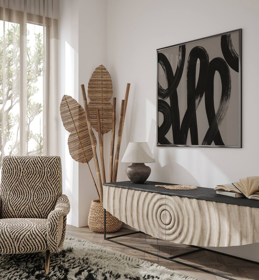 Stylish decor featuring RECORDS, ABSTRACT PAINTINGS, perfect for music lovers and art enthusiasts alike.
