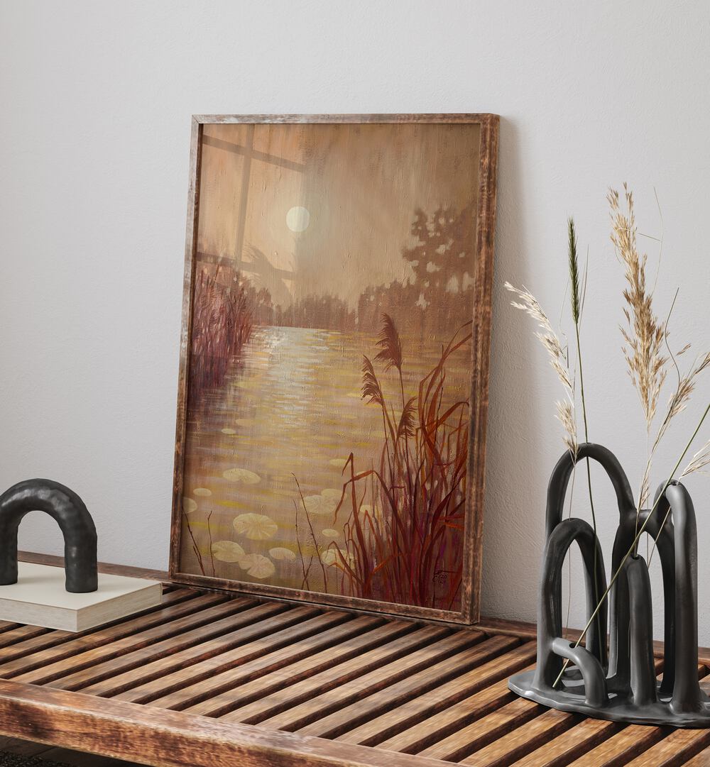 Pond with Reeds at Sunset, landscape paintings showcasing serene beauty in vibrant orange and gold hues for your home.