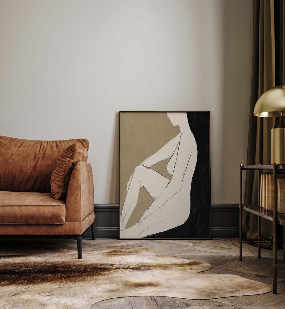 Stylish interior featuring CHILL, PORTRAITS artwork alongside a cozy sofa and elegant decor elements.