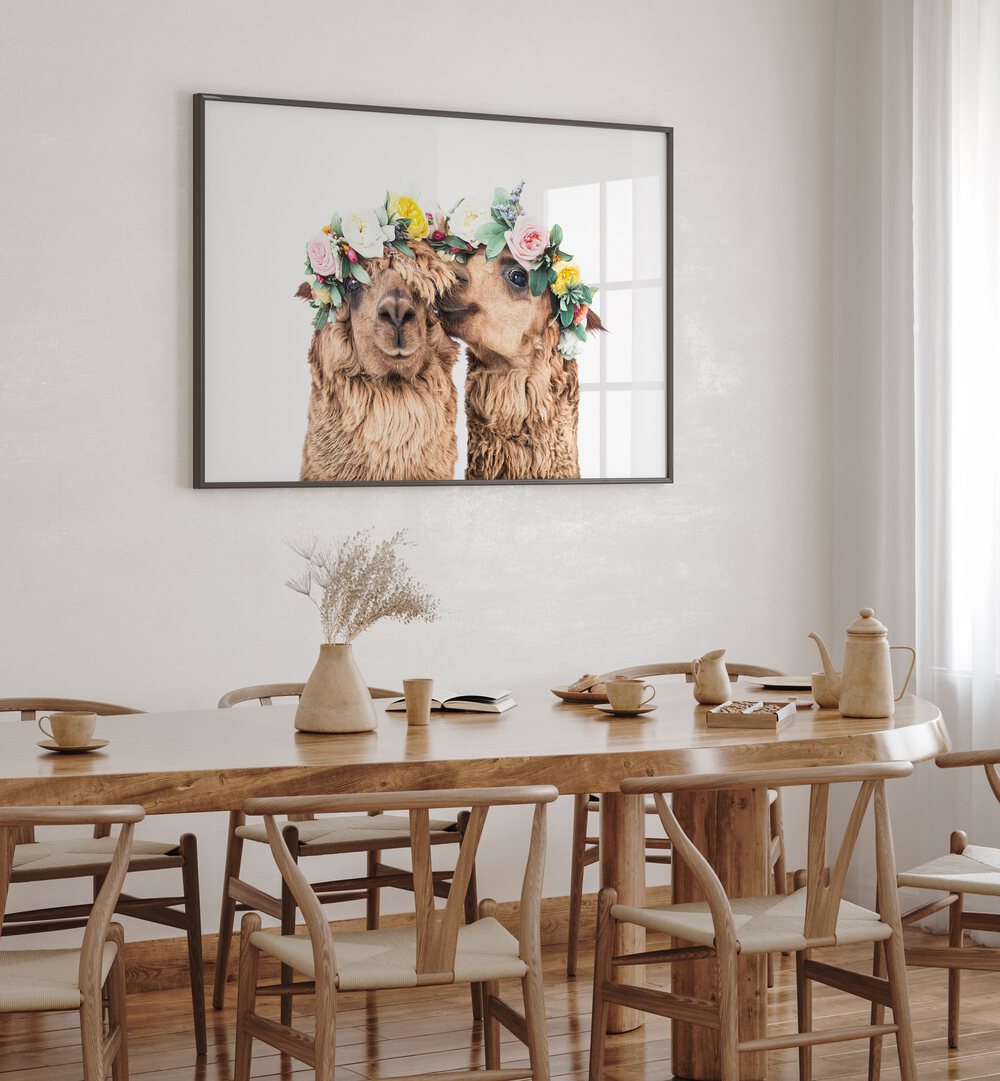 Charming BOHO ALPACAS, ANIMAL PAINTINGS adorn a stylish dining area, adding bohemian flair to any space.