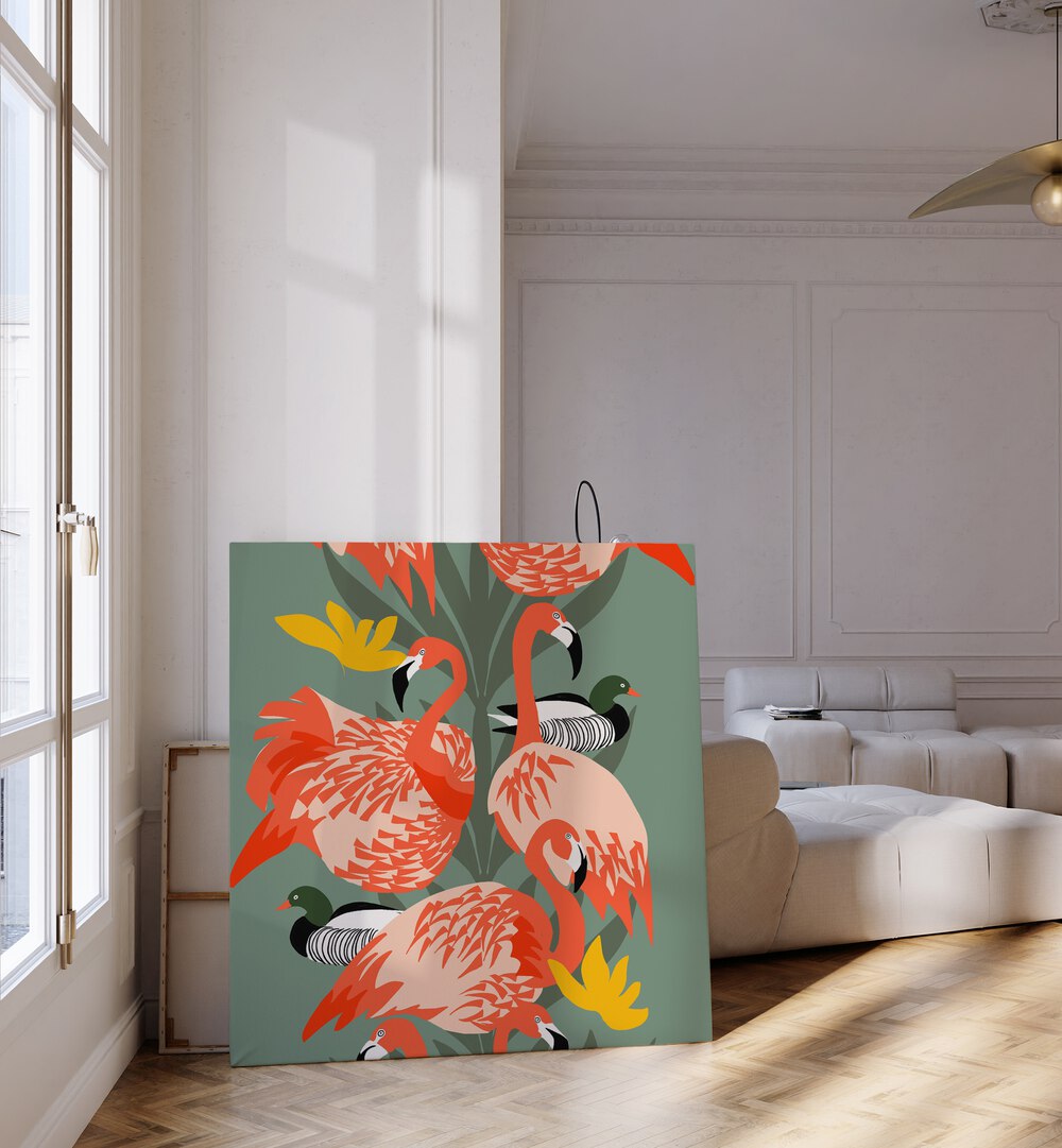 VIVID FAUNA, ANIMAL PAINTINGS showcase vibrant flamingos and ducks, adding a stunning touch to your decor.