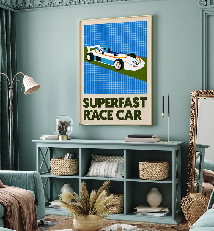 Stylish SUPERFAST RACE CAR, CAR POSTERS add excitement to any space, perfect for racing fans and enthusiasts.
