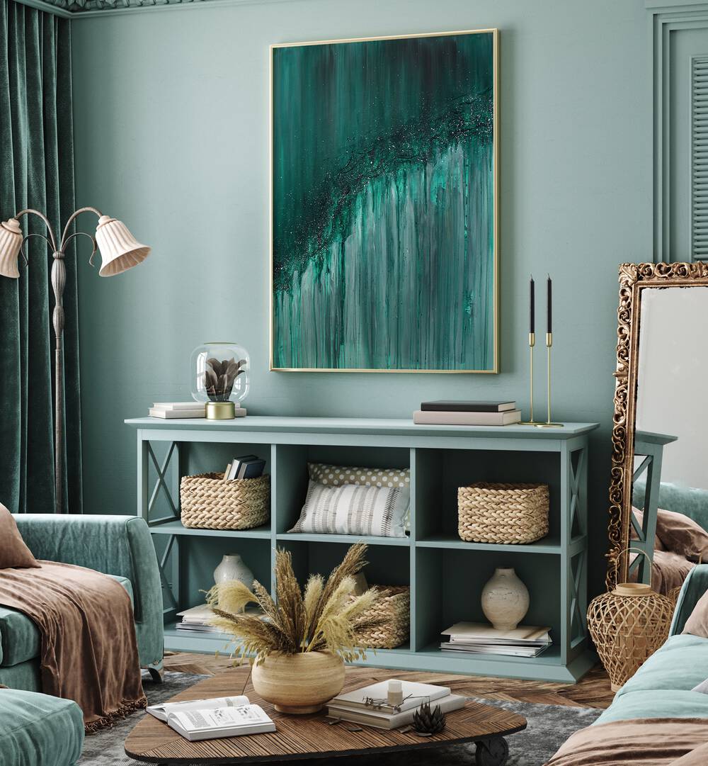 Stylish living room featuring SERENITY MEETS CHAOS, ABSTRACT PAINTINGS, adding elegance to contemporary decor.
