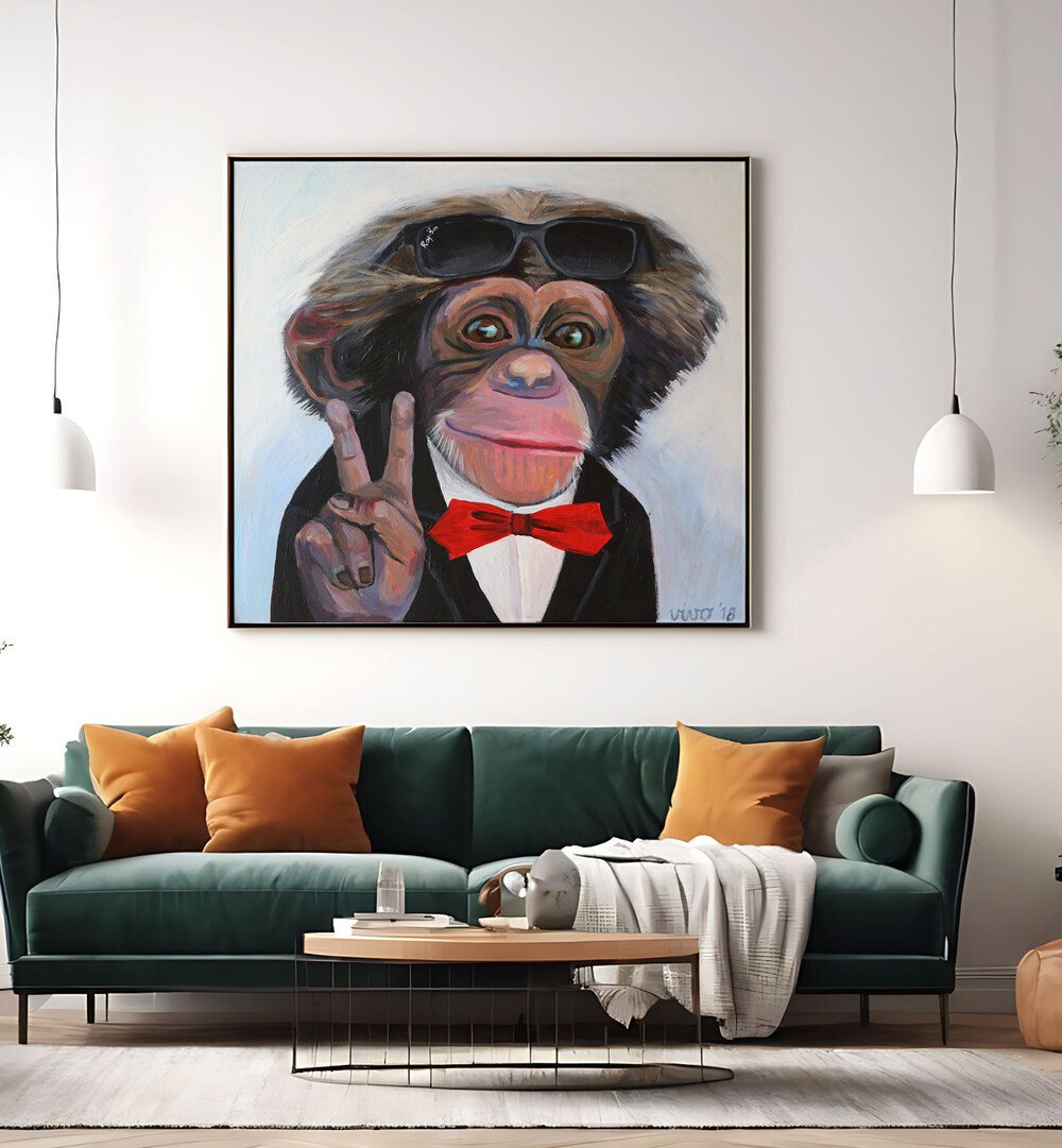 Vibrant COOL PRIMATE CHARM, COMIC POSTERS featuring a stylish monkey in a tuxedo, perfect for comic art lovers.