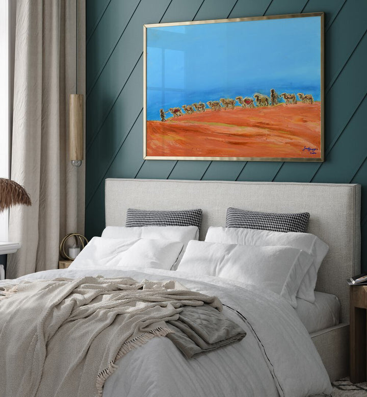 Vibrant CAMELS, LANDSCAPE PAINTINGS adorn the wall above a cozy bed in a stylish bedroom setting.