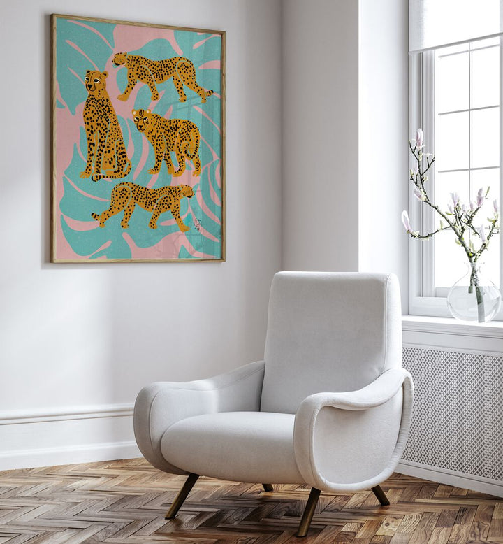 Colorful LEOPARDS, ANIMAL PAINTINGS displayed in a chic room, perfect for wildlife art enthusiasts.