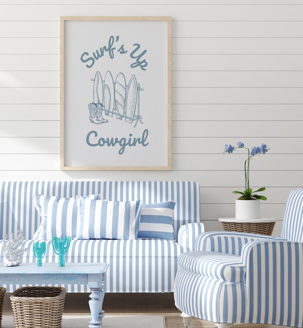 Surf's Up Cowgirl beach paintings feature a stylish blend of western and ocean vibes, perfect for adventurous decor.