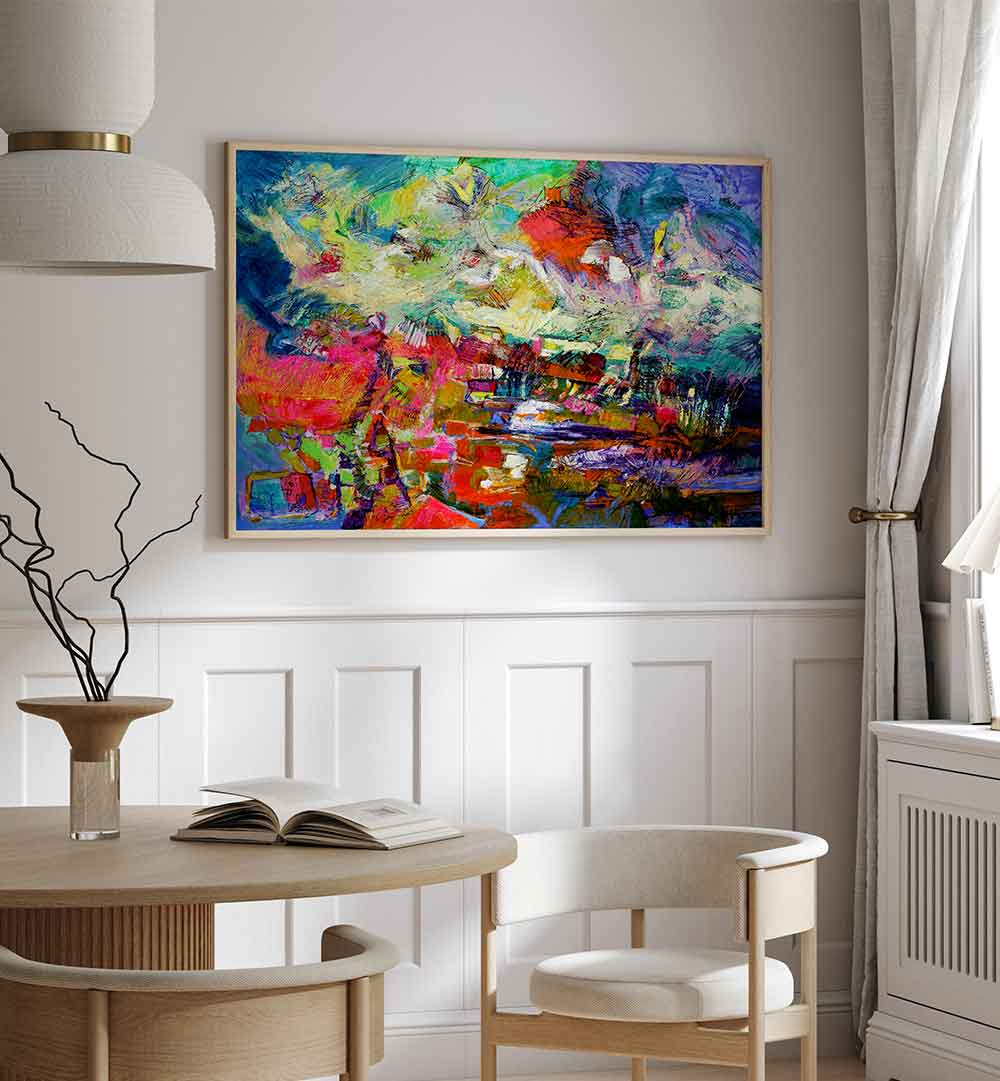 Colorful framed EXPRESSIONIST , ABSTRACT PAINTINGS hung above a dining table, showcasing bold texture, movement and vibrant color
