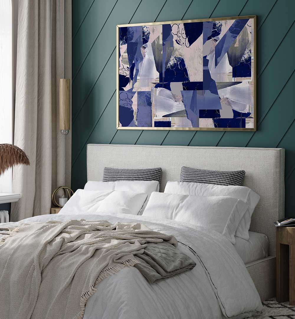 Vibrant MUSIC FOR THE EARTH II, ABSTRACT PAINTINGS enhance this serene bedroom with creativity and emotion.