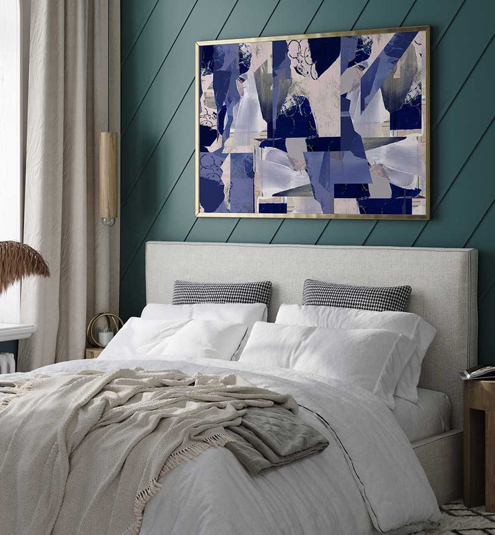 Vibrant MUSIC FOR THE EARTH II, ABSTRACT PAINTINGS enhance this serene bedroom with creativity and emotion.