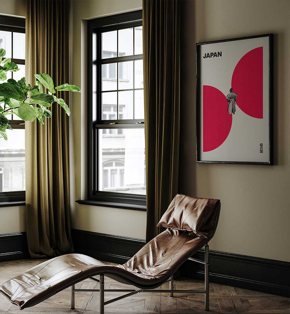 Stylish interior featuring JAPAN WAY, JAPANESE PAINTINGS, complemented by a modern lounge chair and vibrant decor.