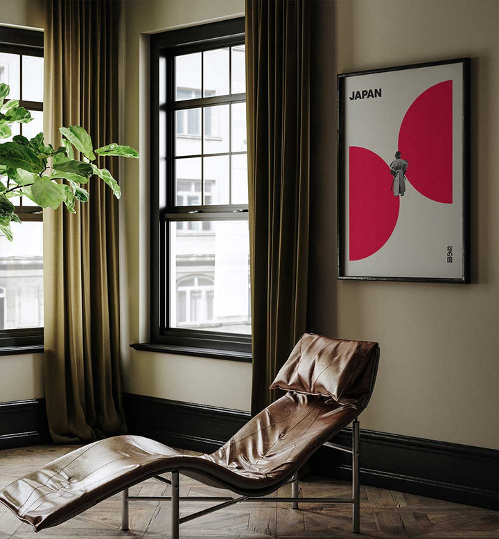 Stylish interior featuring JAPAN WAY, JAPANESE PAINTINGS, complemented by a modern lounge chair and vibrant decor.