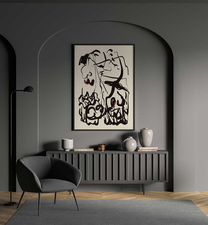 BLACK LINES AND SUBTLE RED ACCENTS , ABSTRACT PAINTINGS