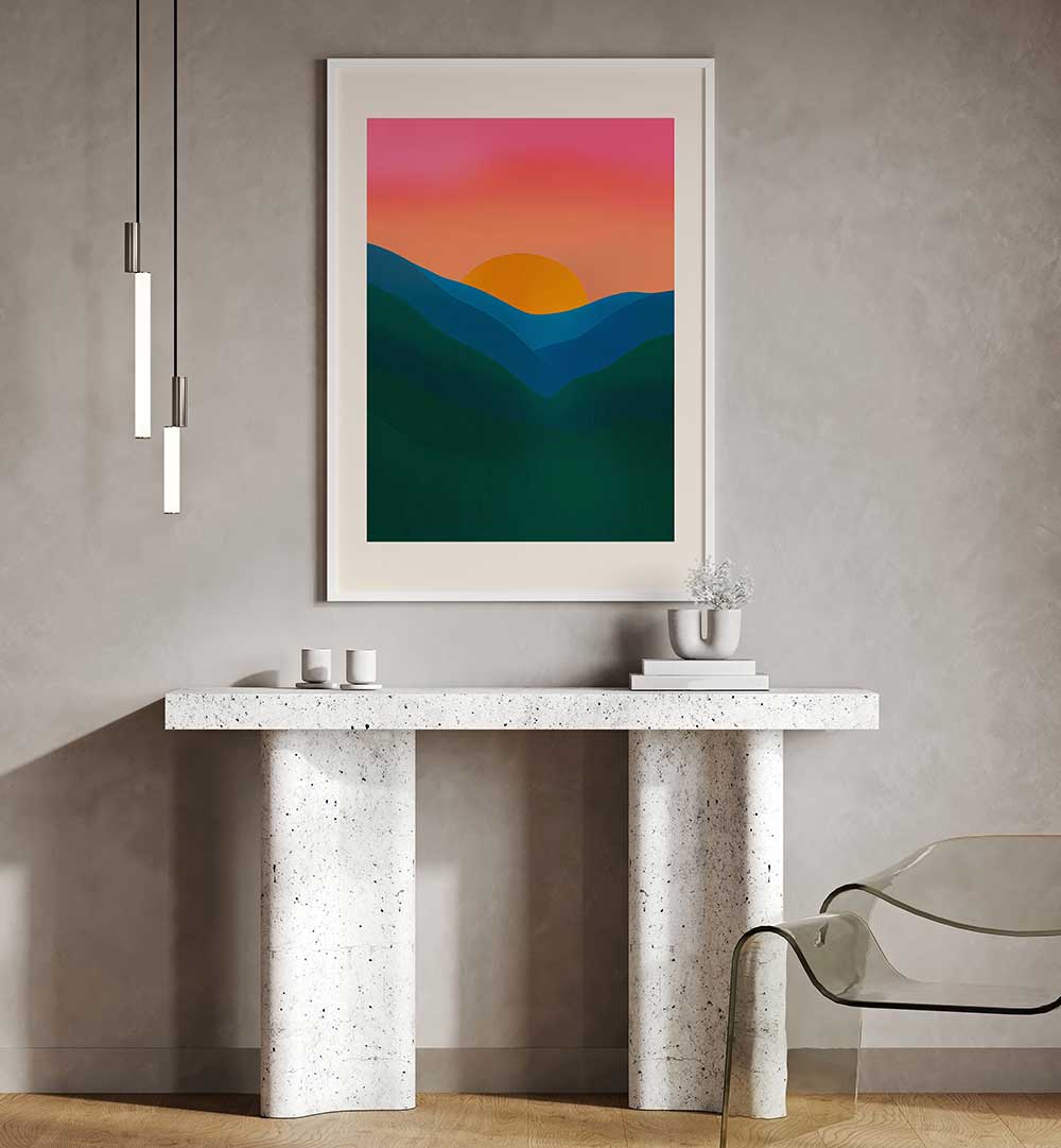 ECHO, LANDSCAPE PAINTINGS showcasing a vibrant sunset over rolling hills in a modern minimalist room setting.