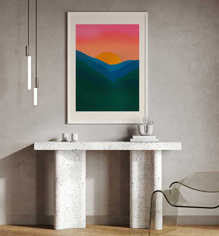 ECHO, LANDSCAPE PAINTINGS showcasing a vibrant sunset over rolling hills in a modern minimalist room setting.