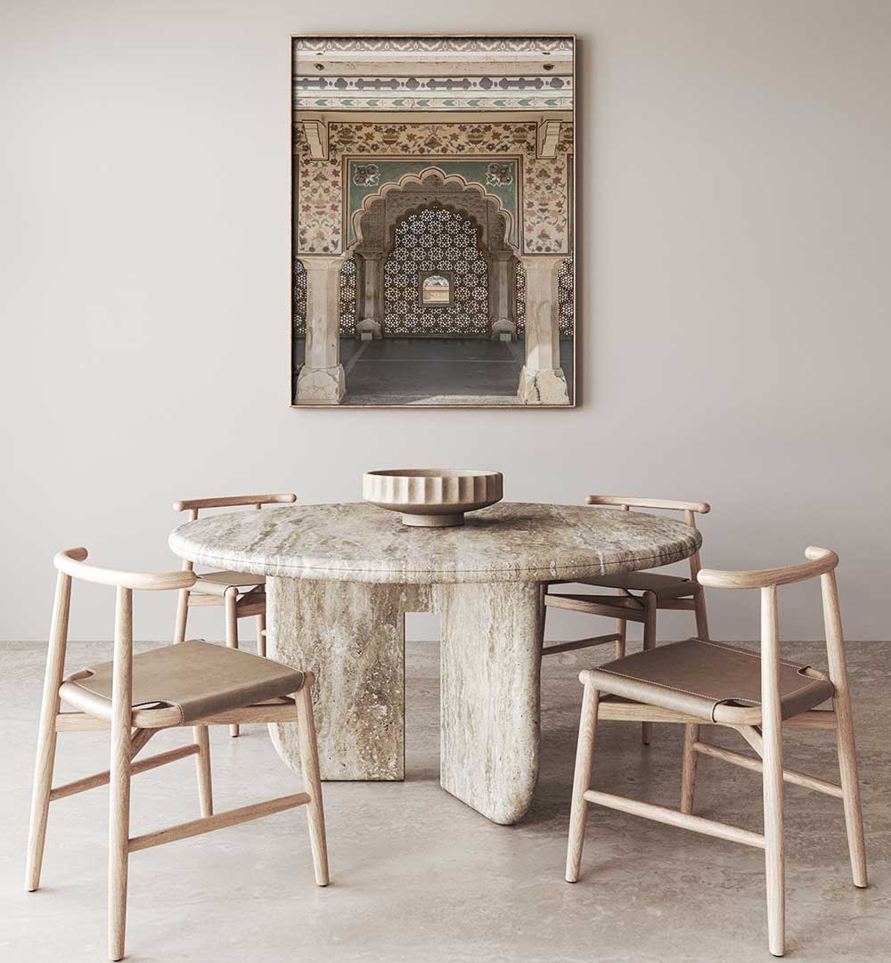 ORNATE ARCHWAY , INDIAN ART PAINTINGS framed Rajasthani archway print hanging above minimalist dining table