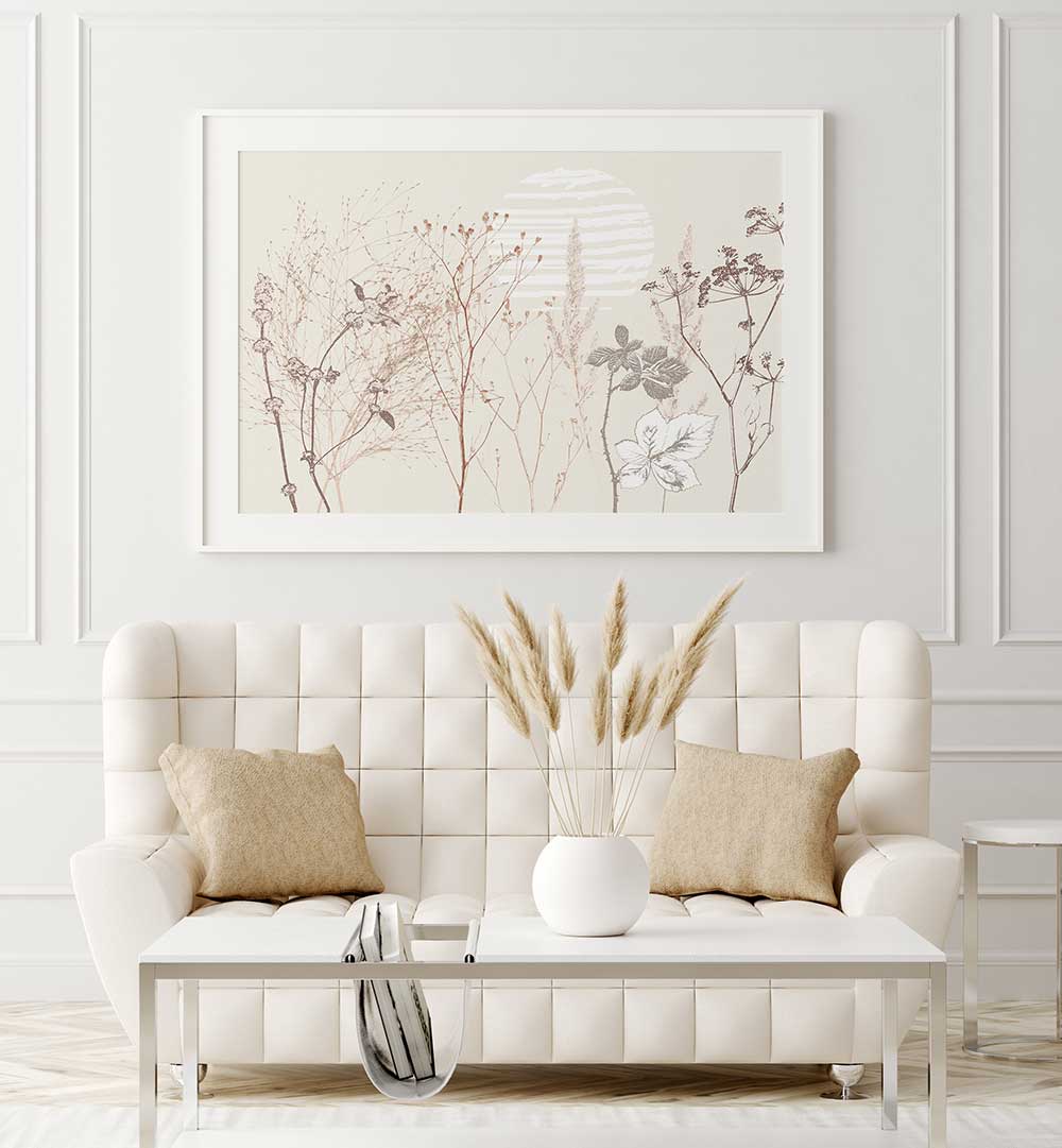 Stylish living room featuring PLANT CALMING I, FLORAL FLOWER PAINTINGS, enhancing serene and elegant decor.