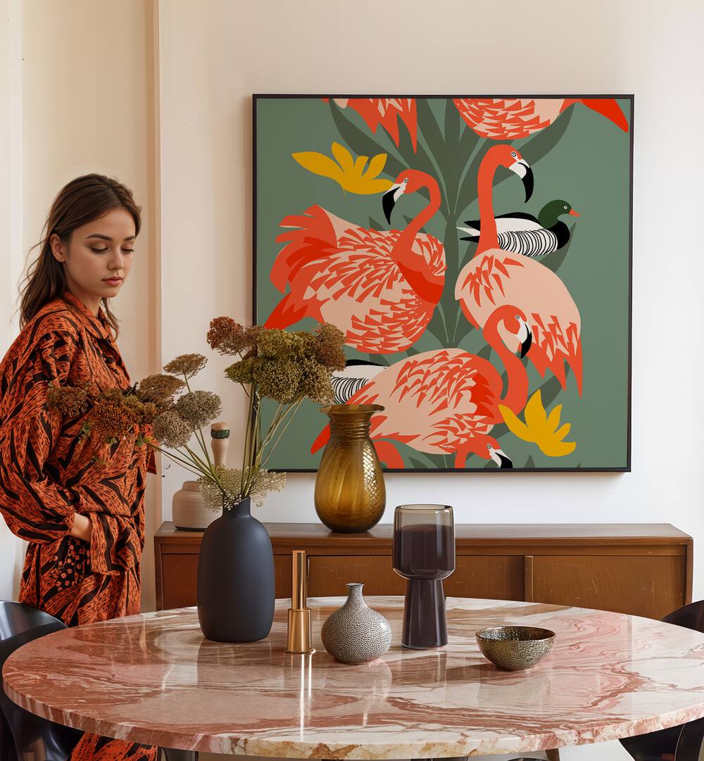 Bright and colorful VIVID FAUNA, ANIMAL PAINTINGS adorn a stylish room, enhancing the vibrant atmosphere.