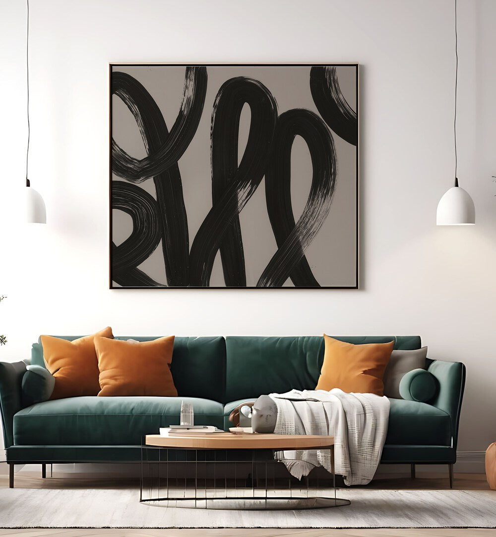 Stylish abstract painting above a green sofa, perfect for enhancing your space with RECORDS, ABSTRACT PAINTINGS.