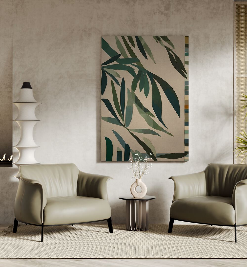 Stylish living room featuring PAPER CUT GREEN LEAVES, FLORAL FLOWER PAINTINGS, enhancing natural beauty and tranquility.