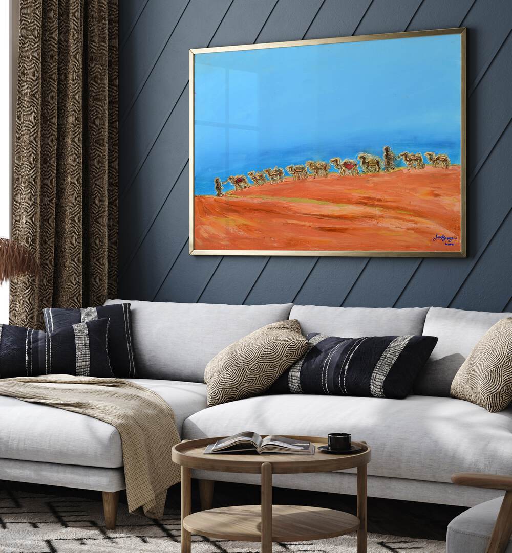 Vibrant landscape painting featuring camels walking across a sunlit desert, perfect for home decor. CAMELS , LANDSCAPE PAINTINGS.