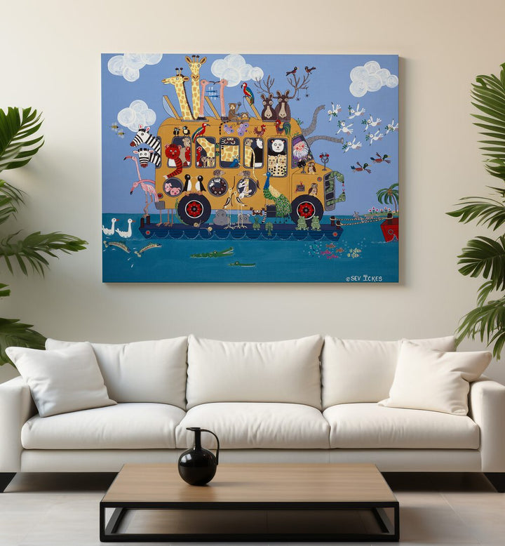 Whimsical NOAHS BUS, KIDS ROOM PAINTINGS featuring Noah's vibrant bus filled with adorable animals for a child's room.