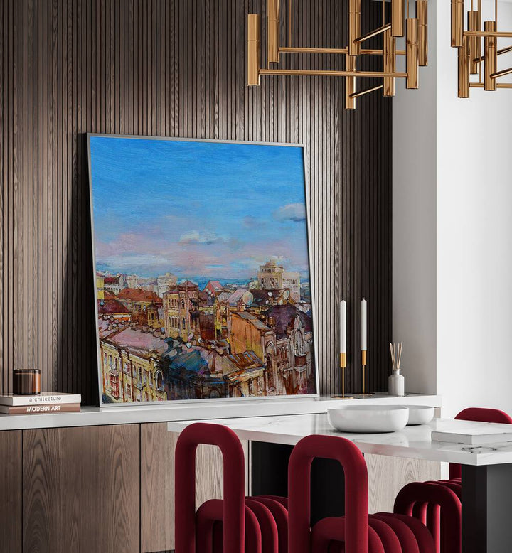Stunning CITYSCAPE WITH ROOFS, LANDSCAPE PAINTINGS enhances modern interiors with urban elegance and style.