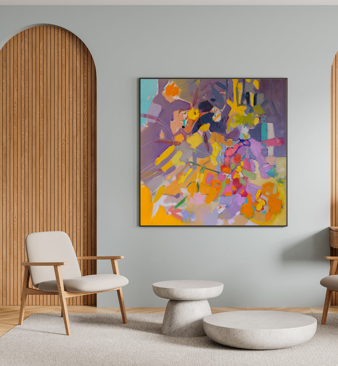 Vibrant orange flowers in abstract paintings, perfect for adding color and energy to your home decor.