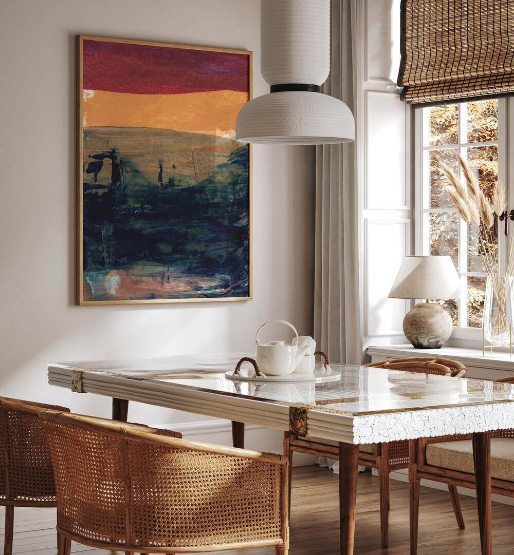 Elegant dining space featuring CORRELATIONS III, ABSTRACT PAINTINGS, blending modern design with artistic flair.