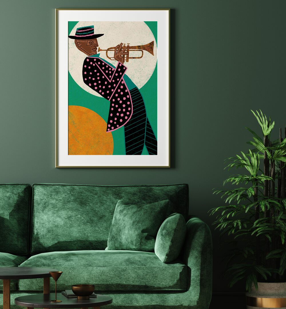 Stylish MUSICIAN GUY I, MOVIE POSTERS decorates a green room, inspiring music lovers and artists with its vibrant art.