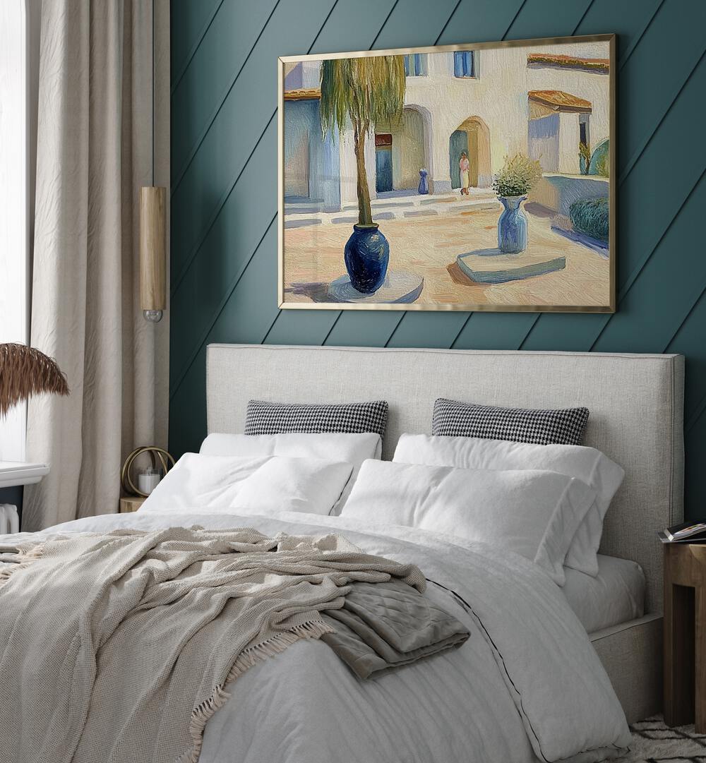 Elegant decor featuring the HOUSE IN A COURTYARD artwork, blending modern comfort with traditional aesthetics.