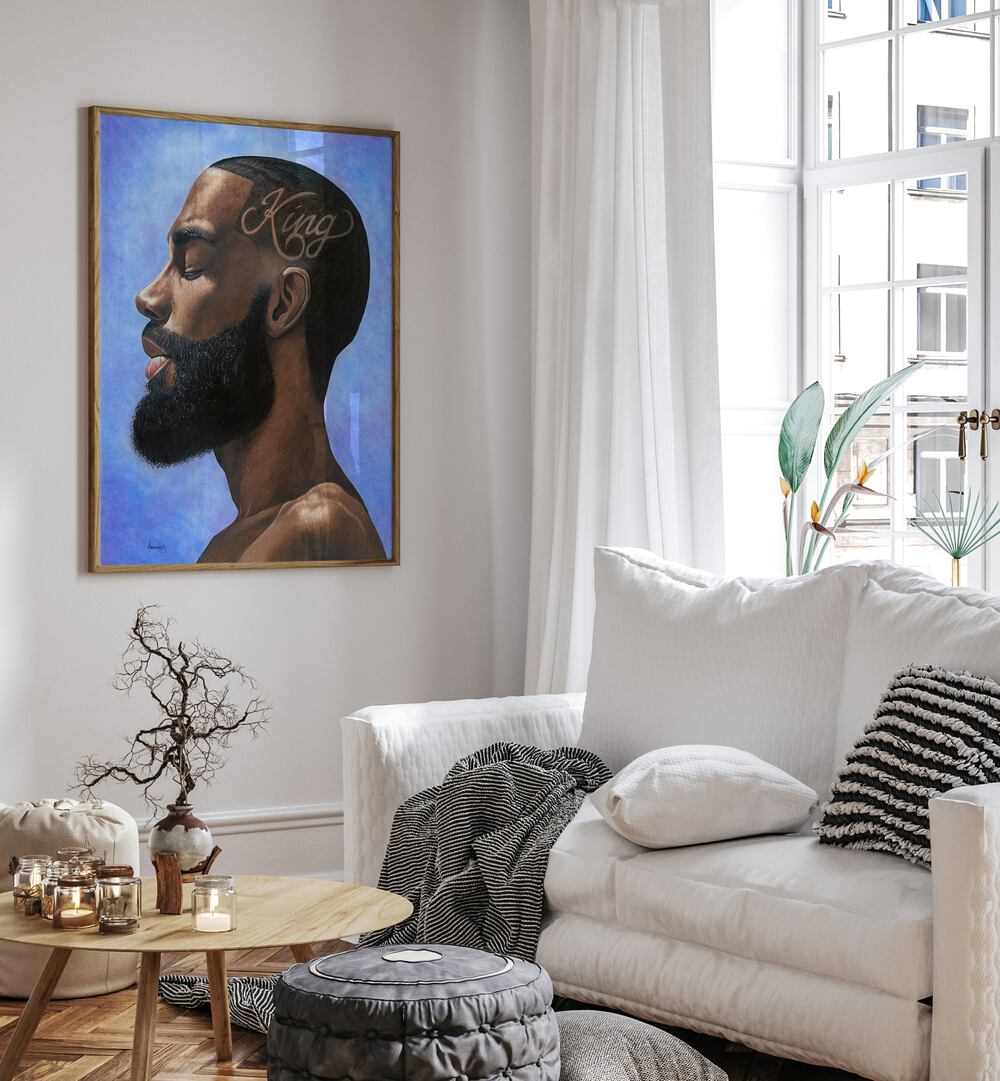 Elegant KING, AFRICAN ART PAINTINGS displayed in a stylish living room, showcasing sophistication and power.