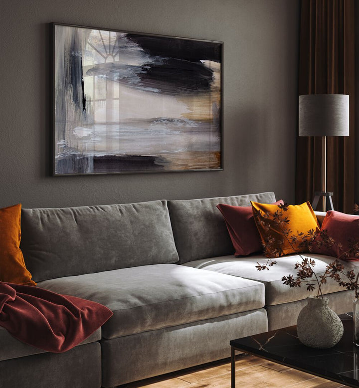 Stylish CALICO, ABSTRACT PAINTINGS enhance a modern living room with rich colors and contemporary elegance.