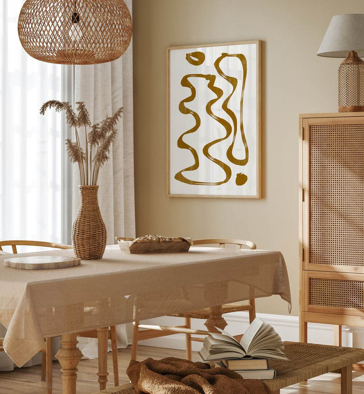 Stylish dining area featuring ABSTRACT LINE VII, ABSTRACT PAINTINGS by The Miuus Studio, enhancing modern decor.
