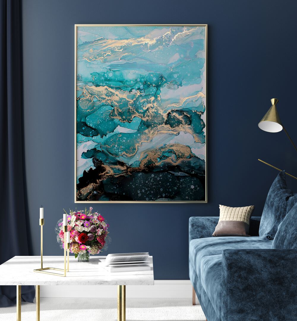 Vibrant UNDER THE SEA, ABSTRACT PAINTINGS in a stylish living room, enhancing modern decor with rich colors.